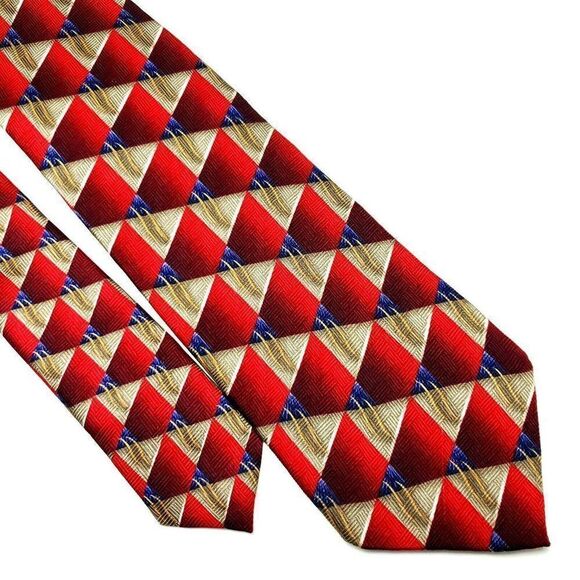 JZ Richards Silk Tie Print Red Geometric Wide Hand Made - Picture 1 of 7